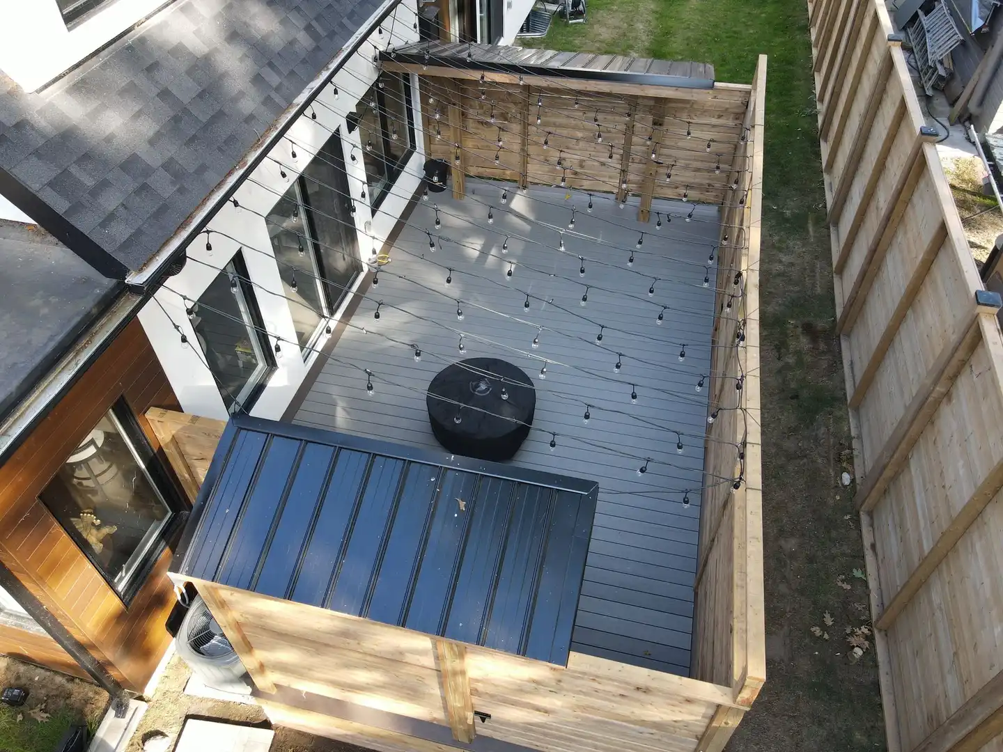Aerial view of a completed custom deck build