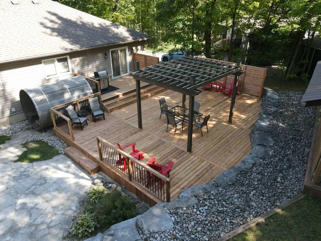Aerial view of a pressure treated deck built by Custom Home Works